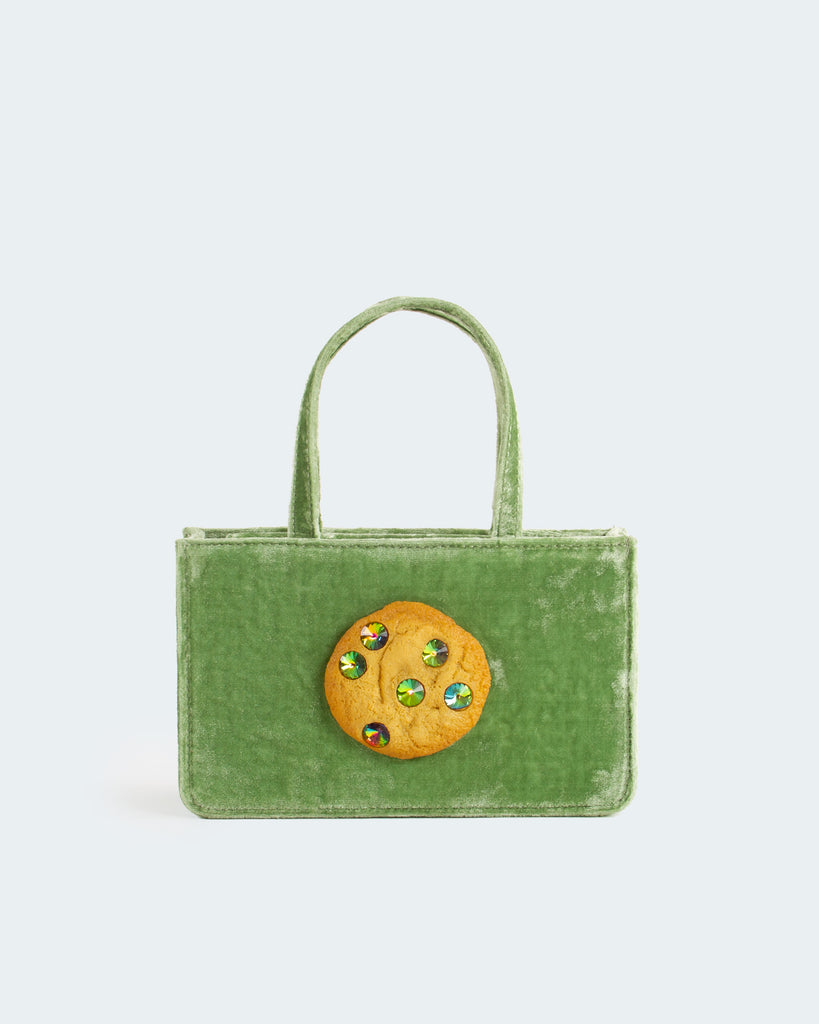 SMALL JEWELED COOKIE BAG IN GREEN CRUSHED VELVET